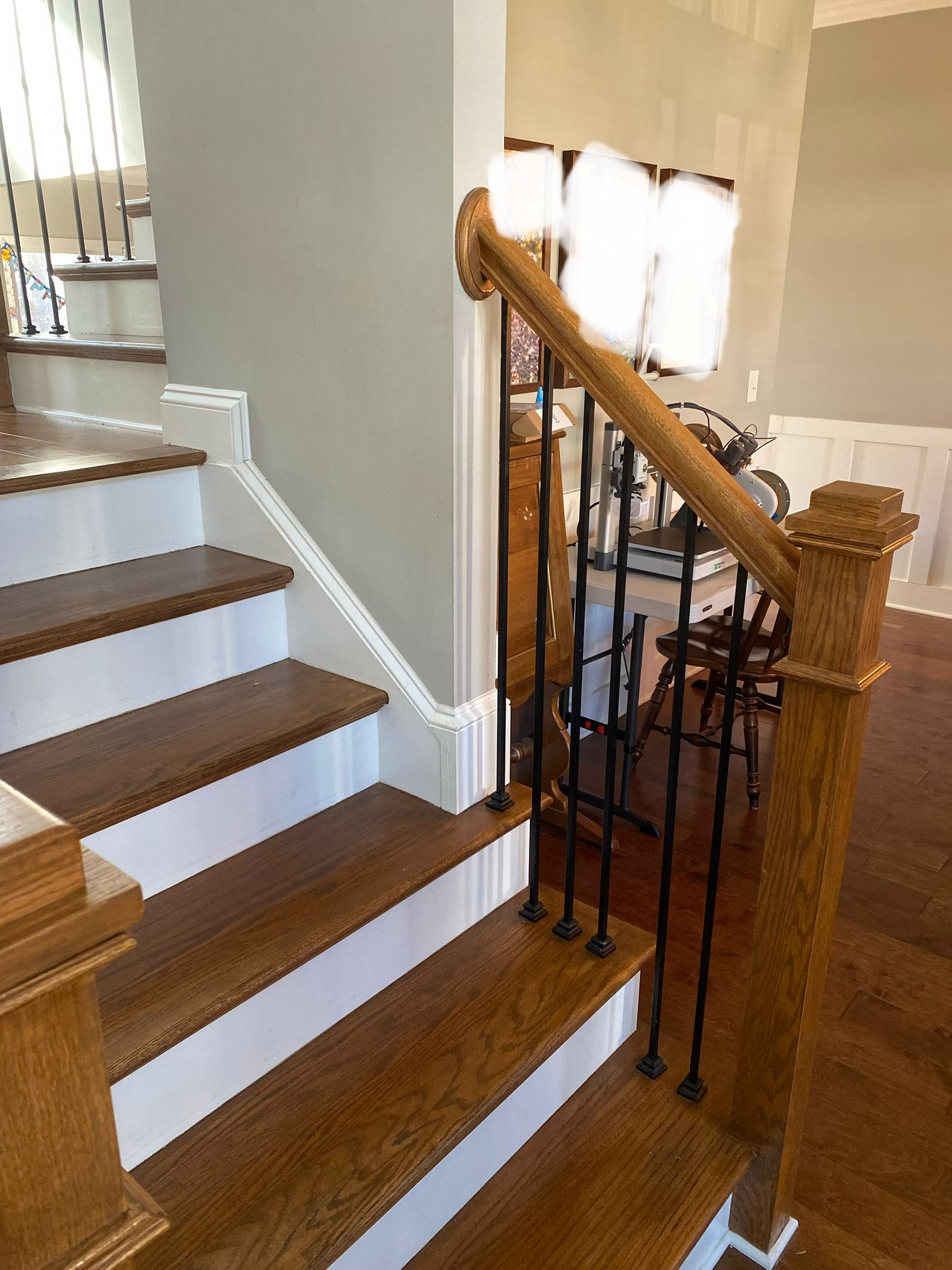 Interior stairs with wood baluster railing 